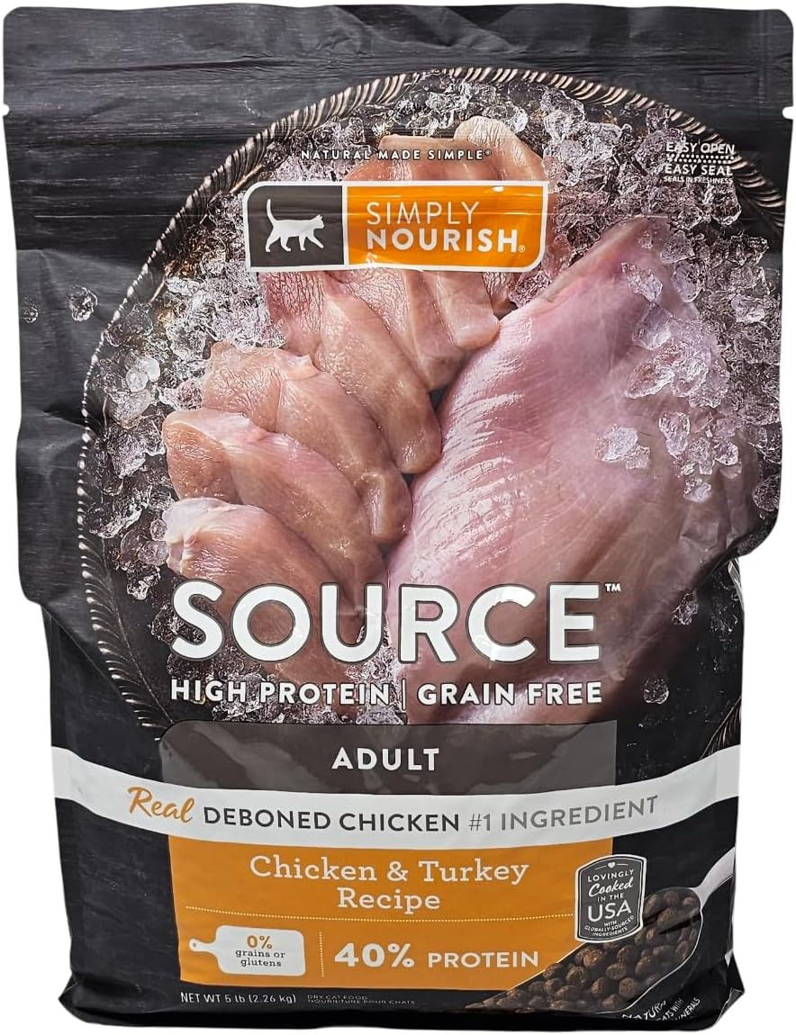 SIMPLY NOURISH Source High Protein, Grain Free Adult Chicken and Turkey Dry Cat Food, 5 Pound Bag