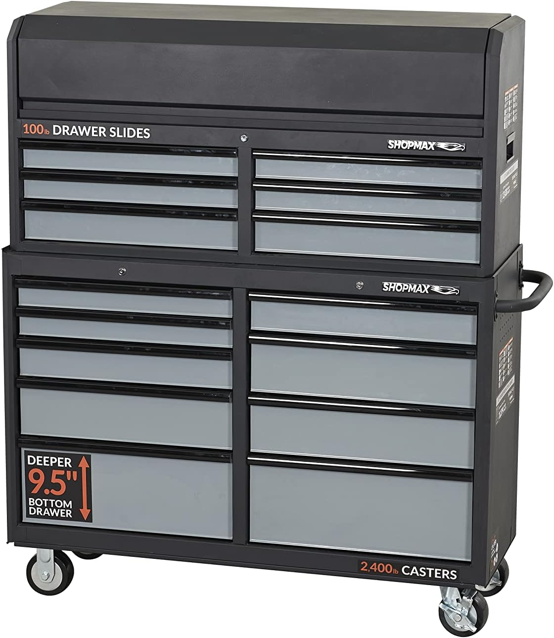 SHOPMAX, 100 lb, 52" Steel 15-Drawer Tool Chest and Rolling Cabinet Black
