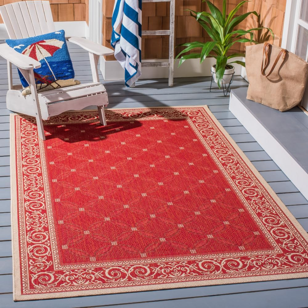 SAFAVIEH Courtyard Gaus Geometric Indoor/Outdoor Area Rug, 5'3" x 7'7", Red/Natural