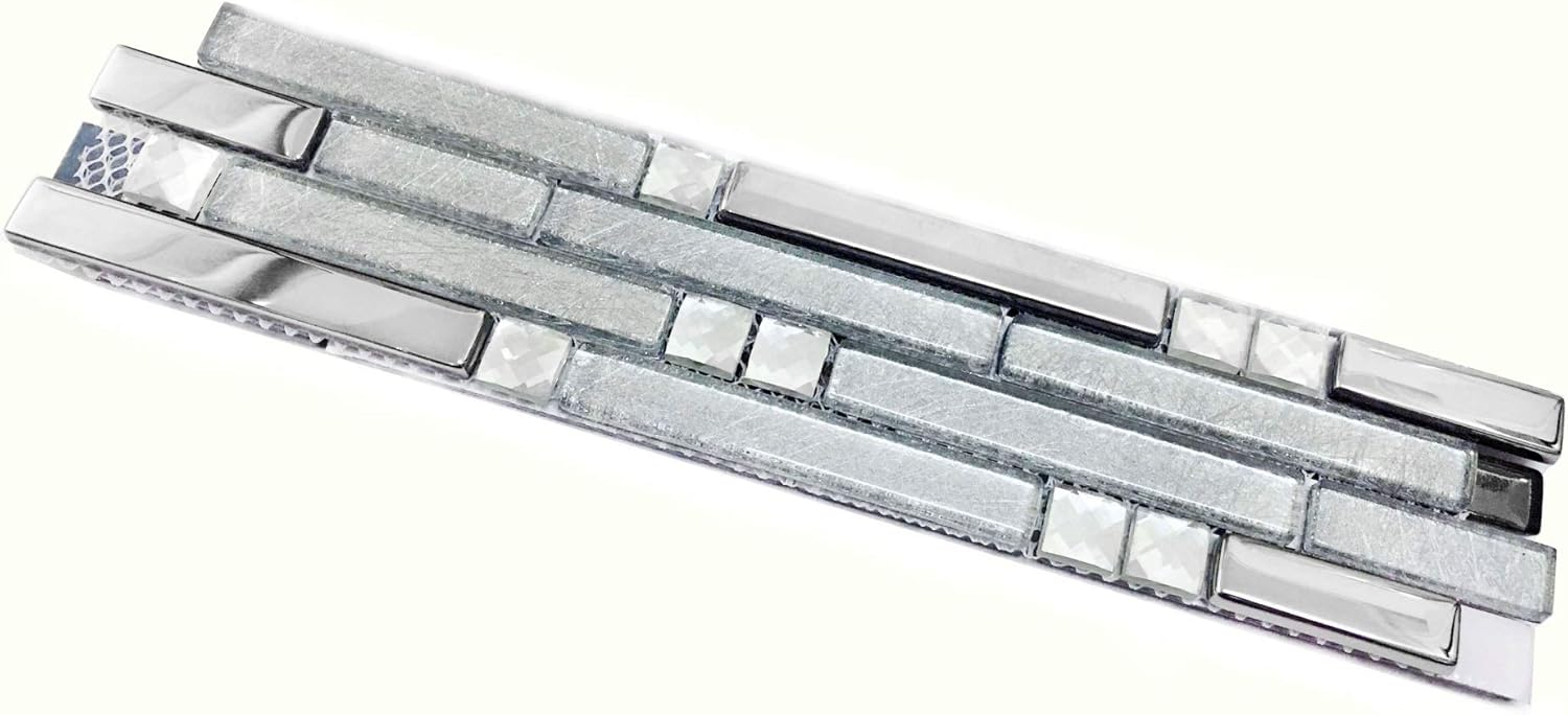 Glass Metal Tile Linear Mosaic Sparkle Silver Crystal Glass Chrome Metallic Stain Resistant for Kitchen Backsplash Bathroom & Shower Wall Tiles (3"x12" Sample)
