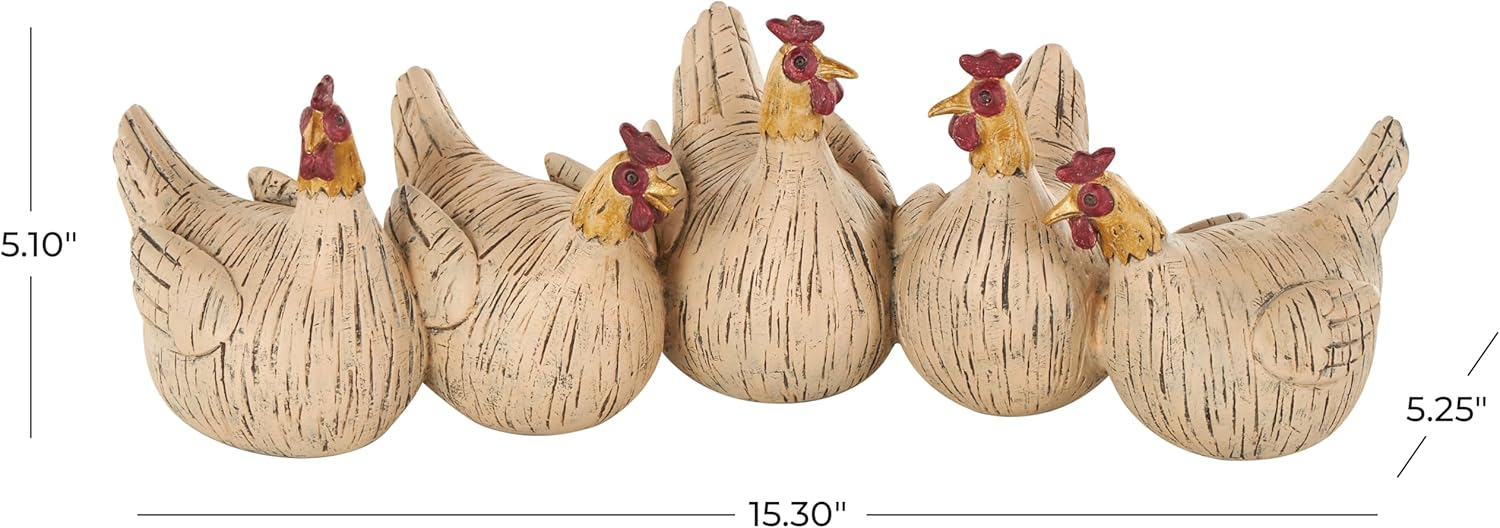 Deco 79 Polystone Chicken Sculpture with Gold Heads, 15" x 5" x 5", Beige