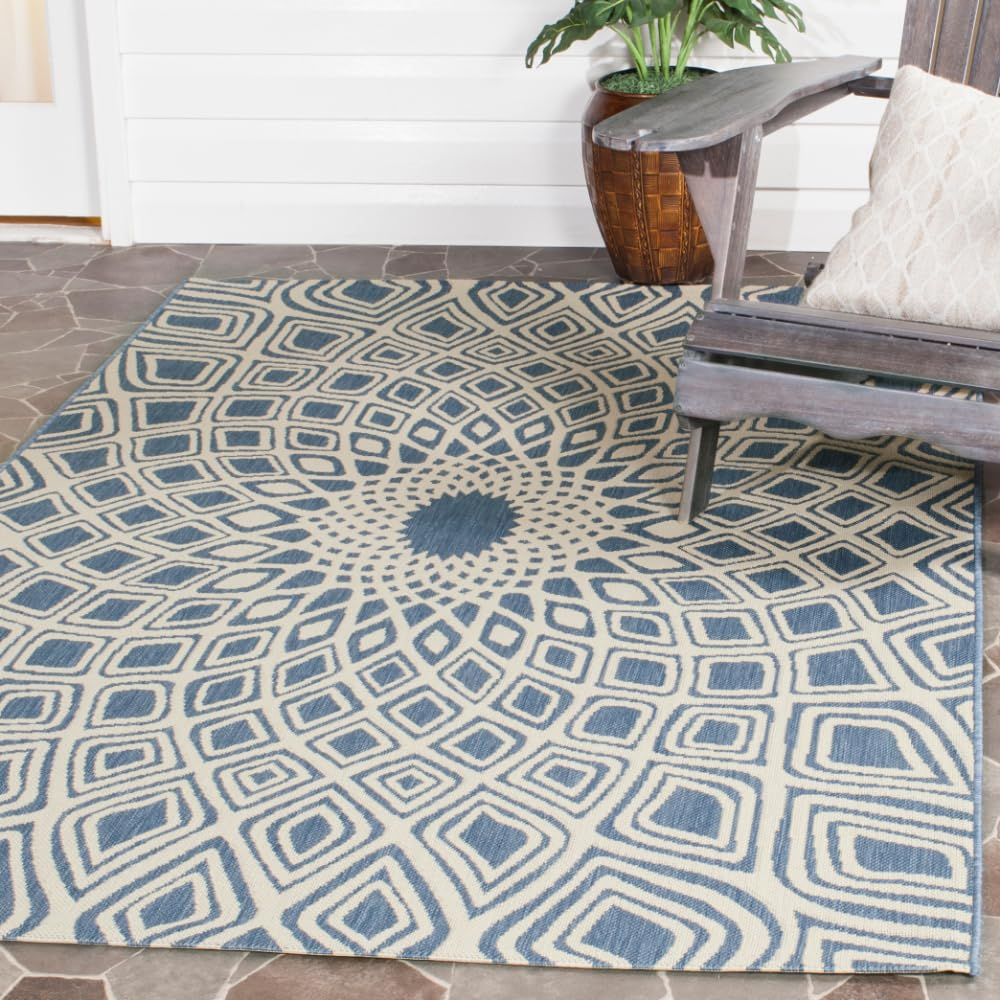 SAFAVIEH Courtyard Thane Nautical Indoor/Outdoor Area Rug, 4' x 5'7", Blue/Beige