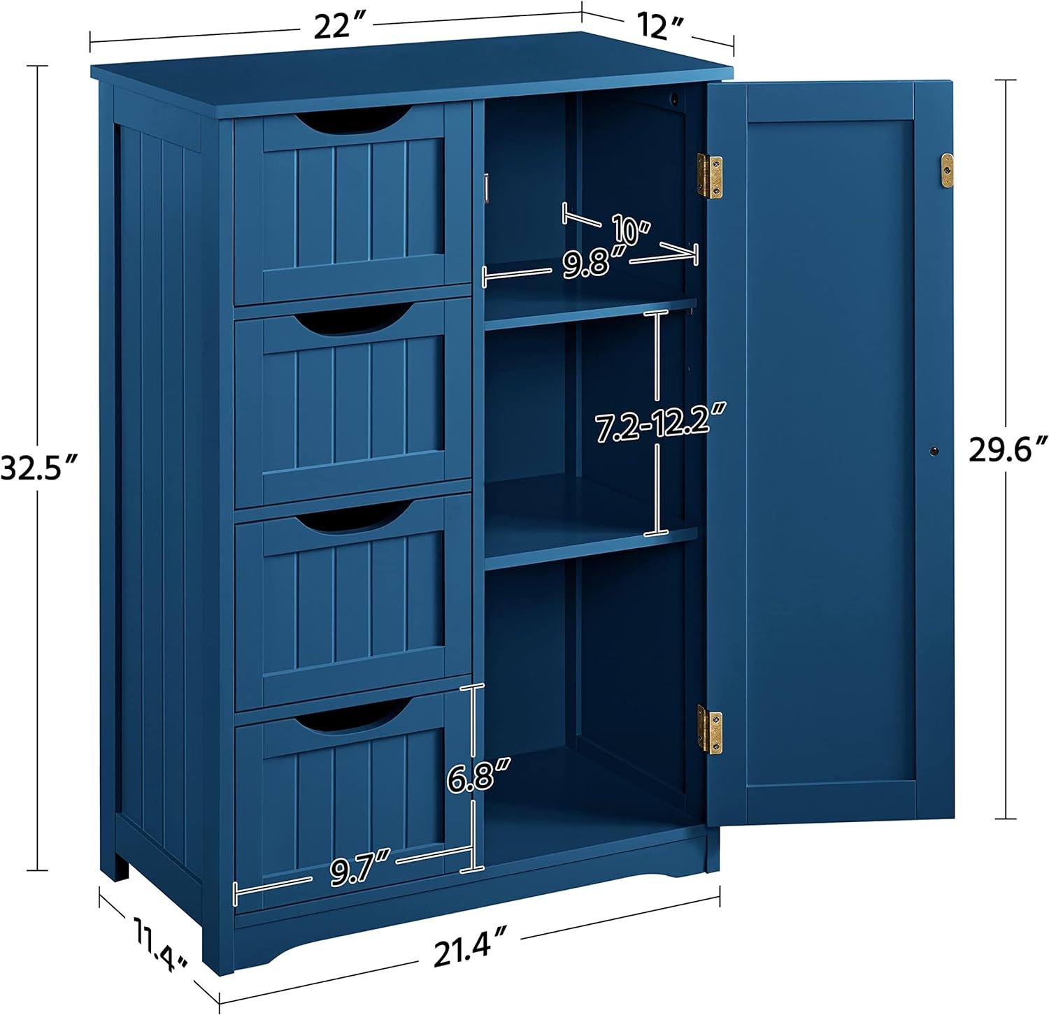 Topeakmart Wooden Bathroom Floor Cabinet, Free Standing Side Cabinet w/4 Drawers & 3 Tier Cupboard Storage Organizer Unit for Hallway/Entryway, Navy Blue