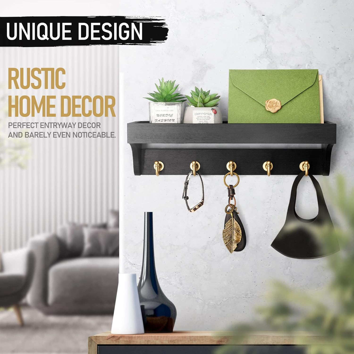 Rebee Vision Decorative Key Holder Wall Mount with Shelf - Modern Mail Organizer with 5 Key Hooks (Black)