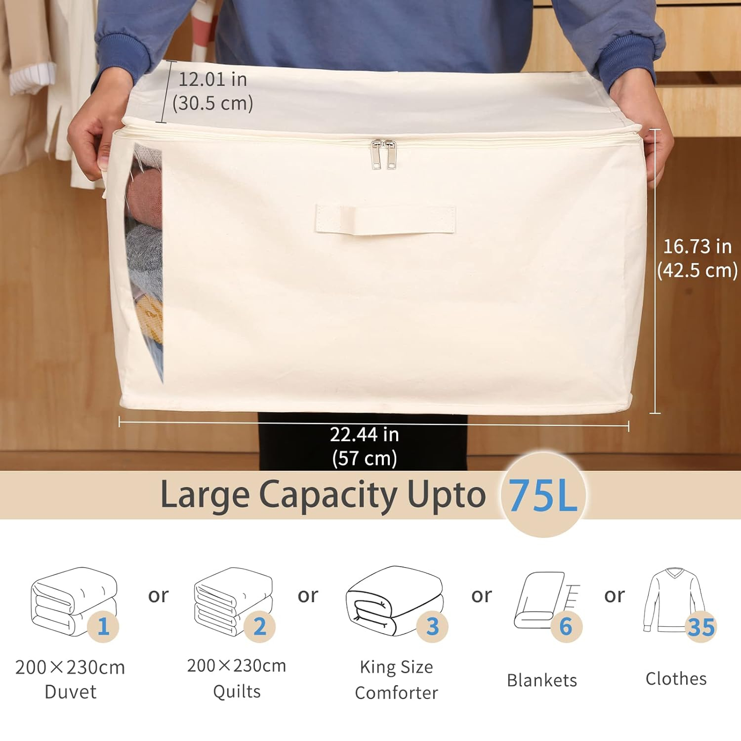 Canvas Comforters Bags Closet Organizers and Storage for Quilts Clothes Organization Containers Bins with Sturdy Zipper, Clear Window 75L for Sweaters Blankets Storage Bedroom Collapsible