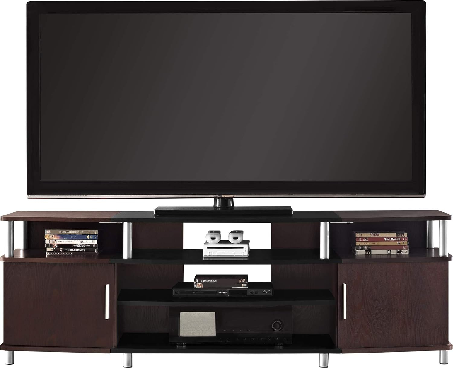 Ameriwood Home Carson TV Stand fits up to 70" with Multiple Open Shelves, Cherry and Black