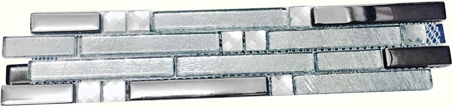 Glass Metal Tile Linear Mosaic Sparkle Silver Crystal Glass Chrome Metallic Stain Resistant for Kitchen Backsplash Bathroom & Shower Wall Tiles (3"x12" Sample)