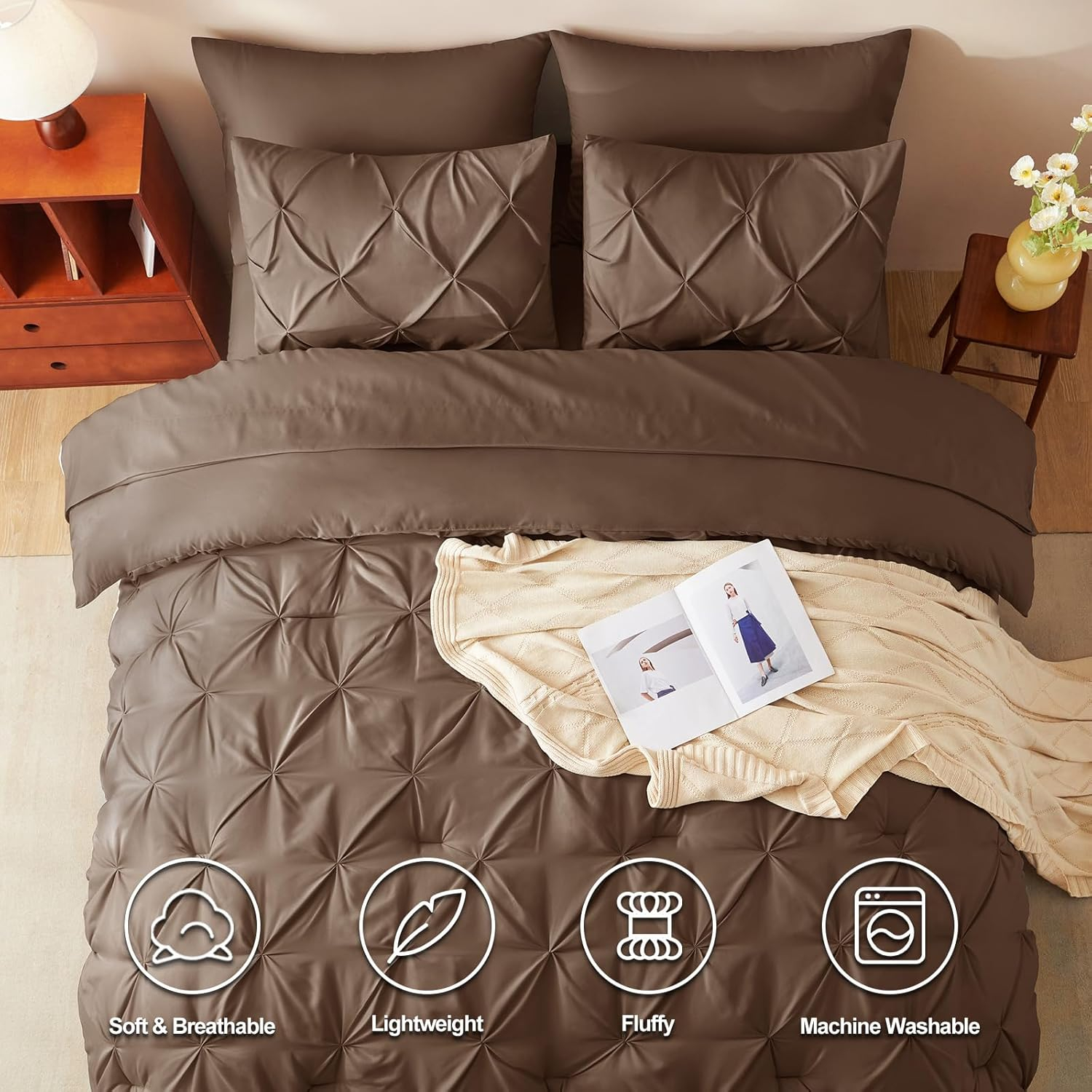 Queen Size Brown Comforter Set - 7 Piece Pintuck Bed in a Bag with All-Season Comforter, Pinch Pleat Bedding, Flat Sheet, Fitted Sheet, and Pillowcases & Shams