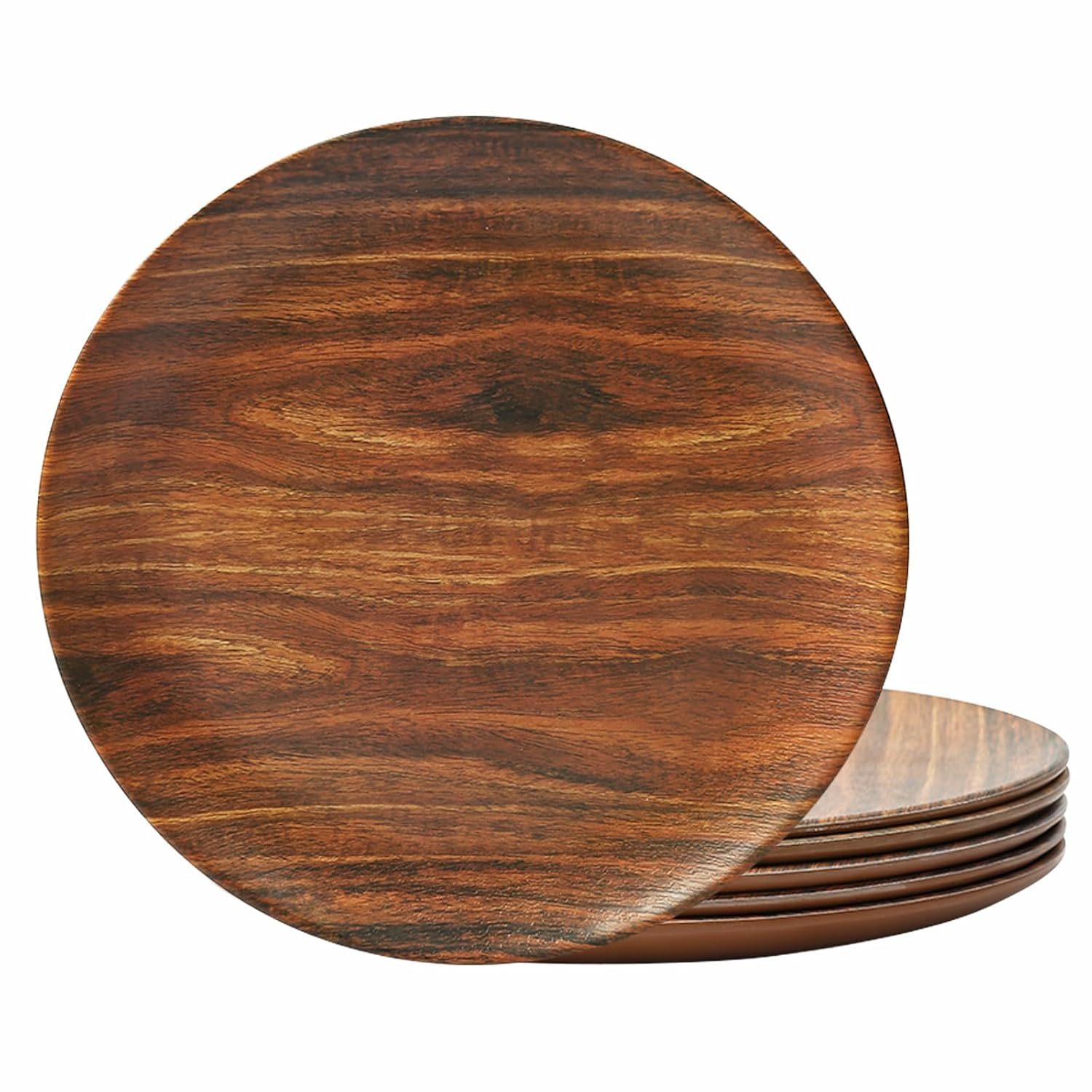 TP 8.5" Melamine Dinner Plates, 6-Piece Plate Set Unbreakable Serving Dishes, Dishwasher Safe, Rosewood Grain