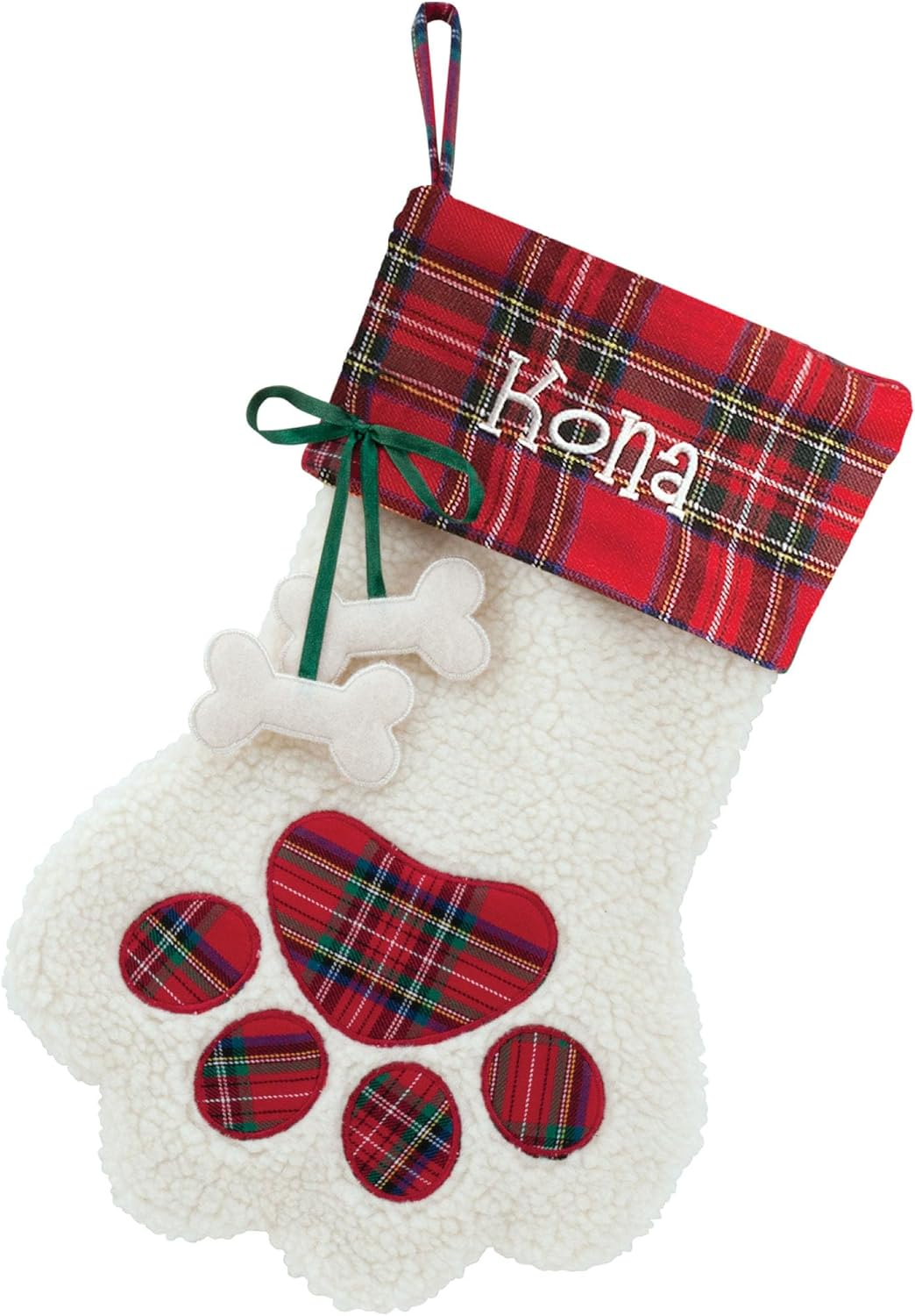 Personalized Planet Dog Paw Christmas Stocking with Custom Pet Name Embroidered, White Faux Sherpa with Red Plaid Cuff and Dog Bone Accents, Festive Christmas Décor, Ready to Hang