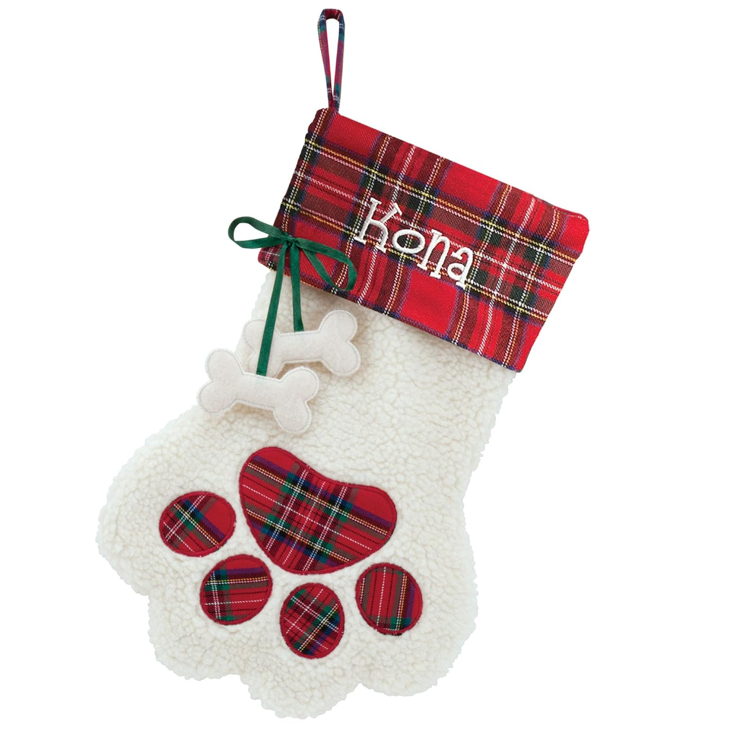 Personalized Planet Dog Paw Christmas Stocking with Custom Pet Name Embroidered, White Faux Sherpa with Red Plaid Cuff and Dog Bone Accents, Festive Christmas Décor, Ready to Hang