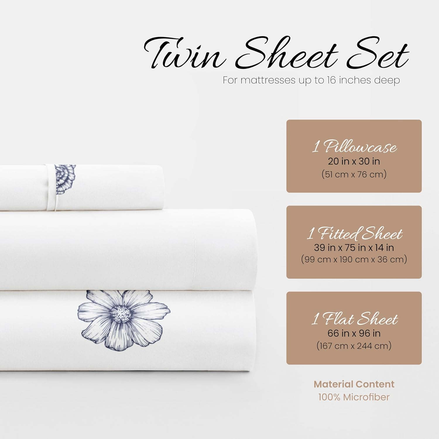 Linen Market Double-Brushed Patterned Microfiber Twin Sheet Set 3 Piece – Oeko-TEX Certified Ultra Soft & Wrinkle-Free - 16" Deep Pocket Sheets - Easy Care Twin Size - Indigo Flowers Navy
