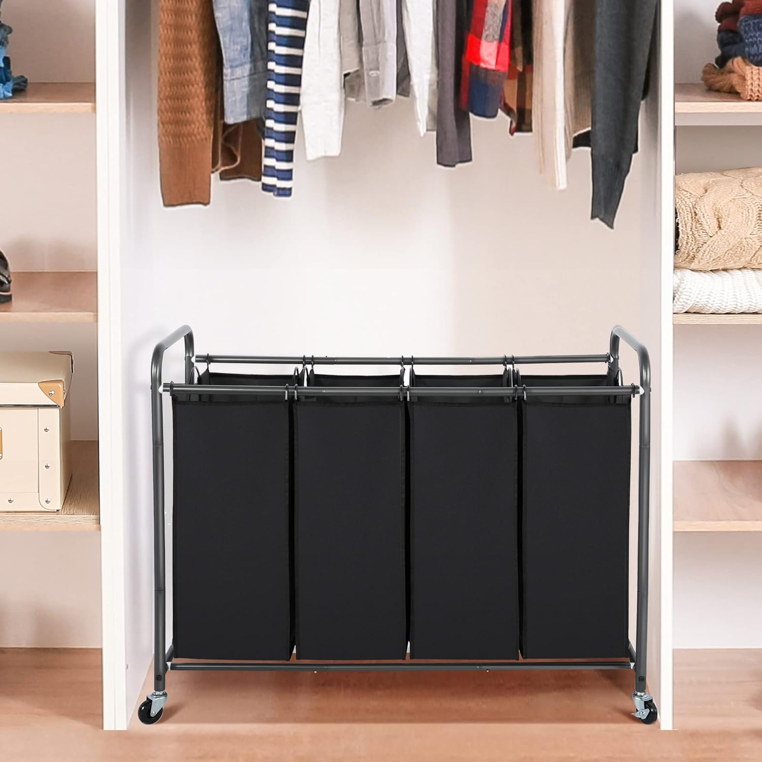 STO STO Laundry Sorter 4 Section, 4 Bag Laundry Hamper, Rolling Laundry Cart, Laundry Basket with Heavy Duty Lockable Wheels and Removable Bag for Clothes Storage, Black