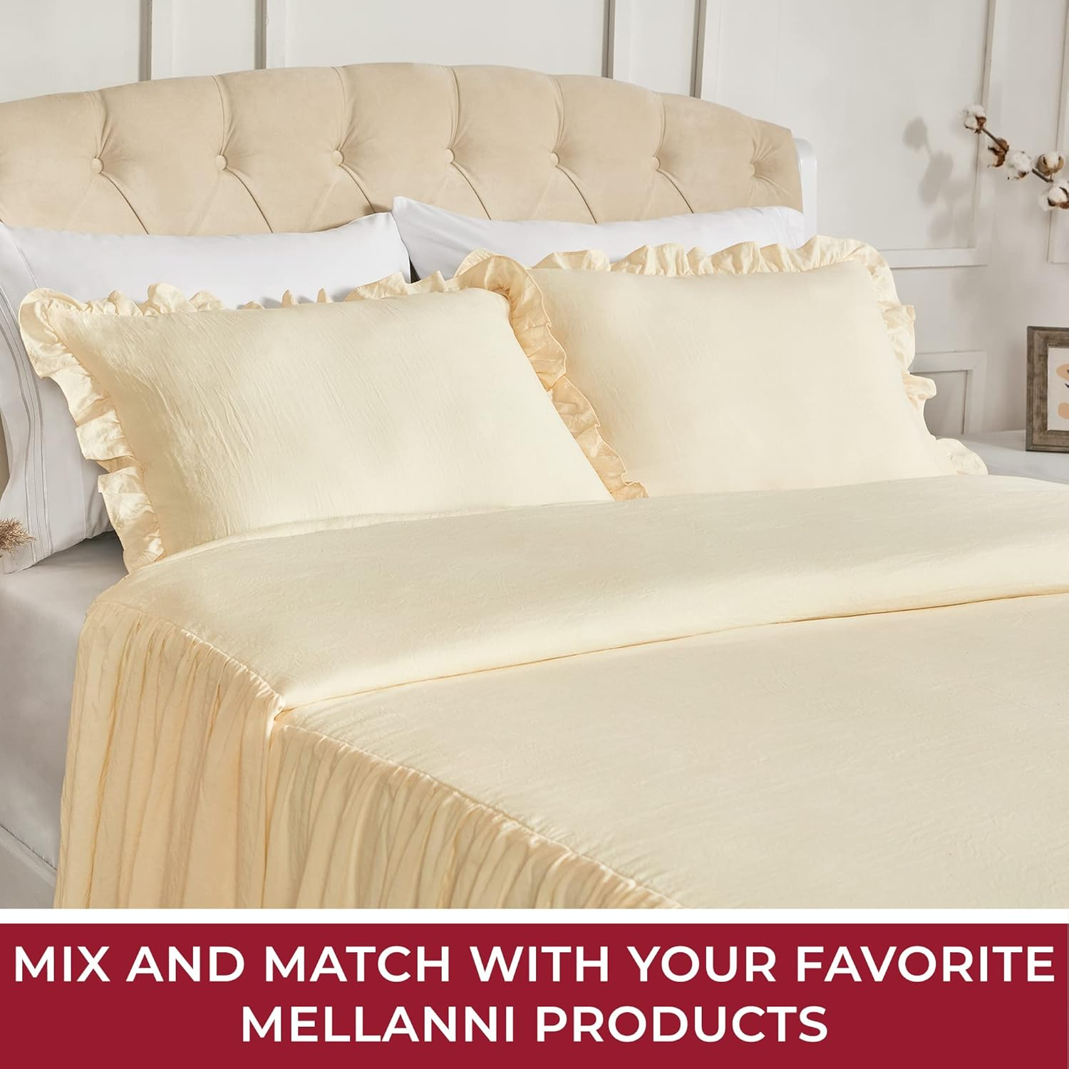 Mellanni Single-Tier Bedspread Set, Country Chic Bedding Set, 30" Drop Skirted Bedspread and 2 Shams, 3-Piece, Queen, Ivory