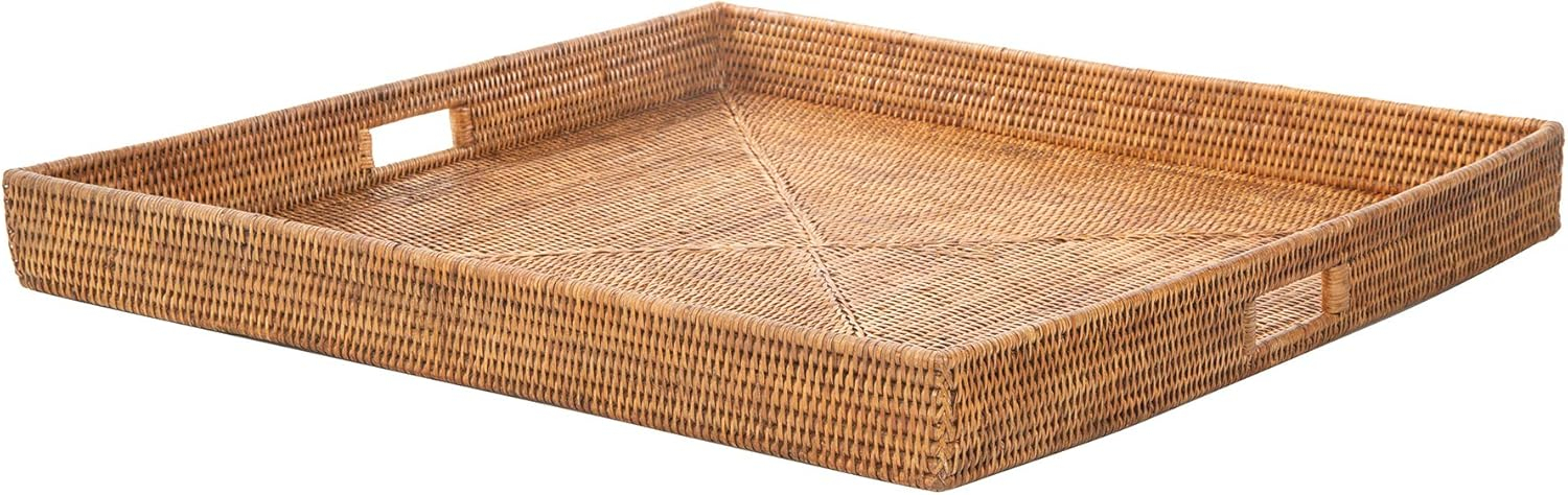 Kouboo La Jolla Square Rattan Jumbo Sized Centerpiece and Ottoman Tray, for Coffee Table, Breakfast, Drinks, Snack, Bread