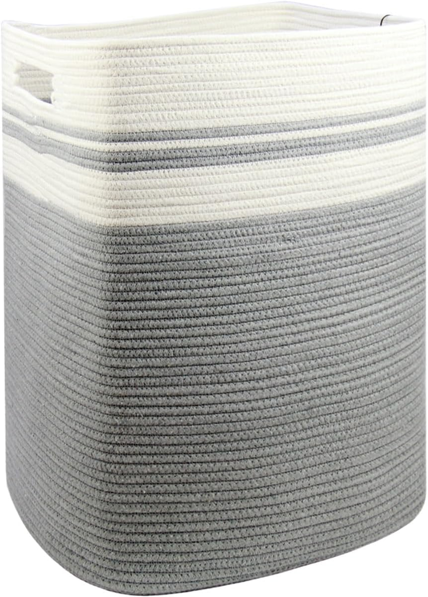 Casaphoria Woven Rope Laundry Hamper, Bin for Living Room, Storage Basket, Blanket Container, Dirty Clothes Hamper 16x13x22in - Light Gray