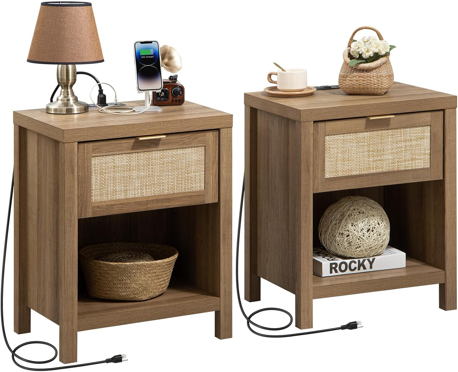 SICOTAS Rattan Nightstands Set of 2 - Farmhouse Night Stand with Drawer and Storage Shelf - Boho Bedside Table End Side Table for Bedroom, Oak