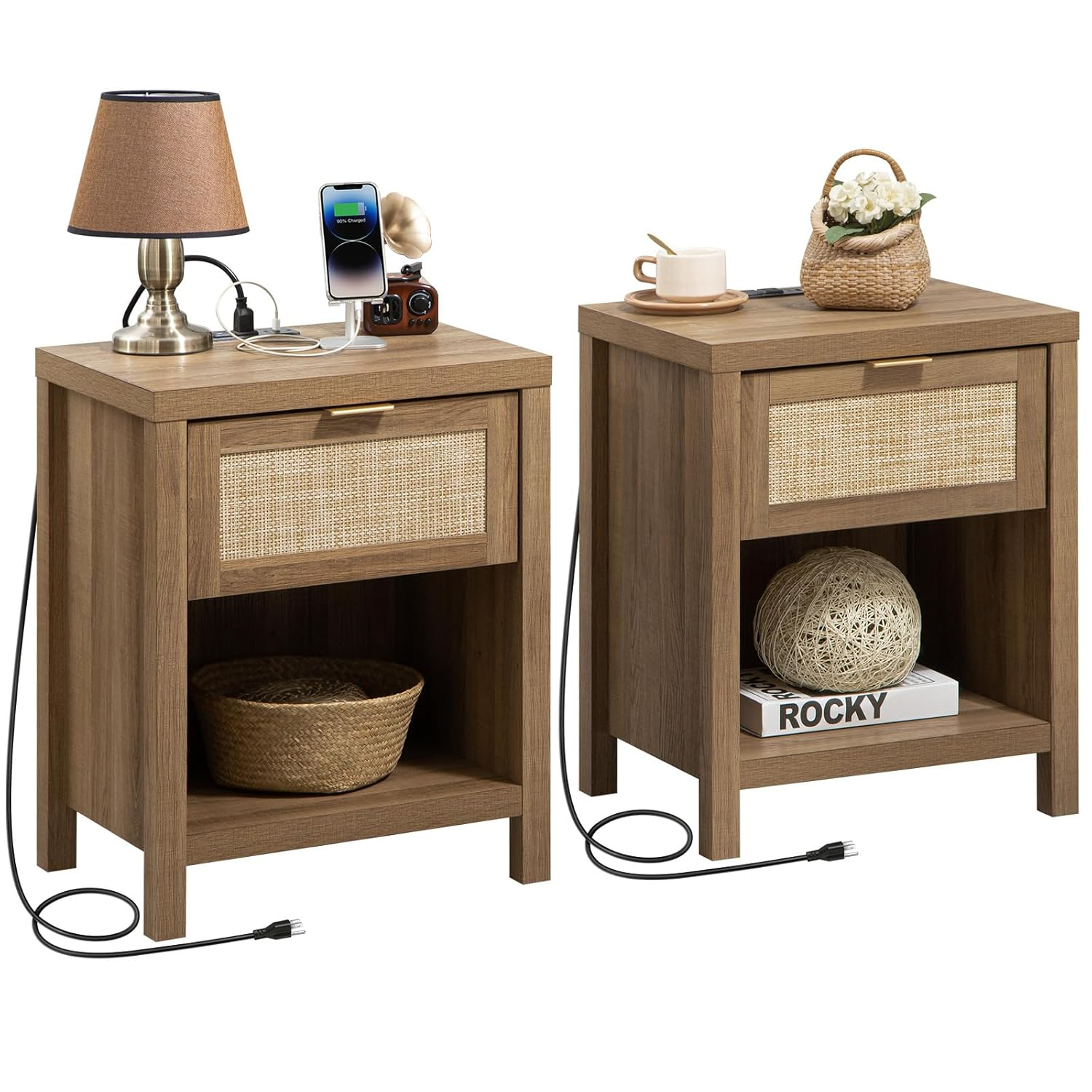 SICOTAS Rattan Nightstands Set of 2 - Farmhouse Night Stand with Drawer and Storage Shelf - Boho Bedside Table End Side Table for Bedroom, Oak