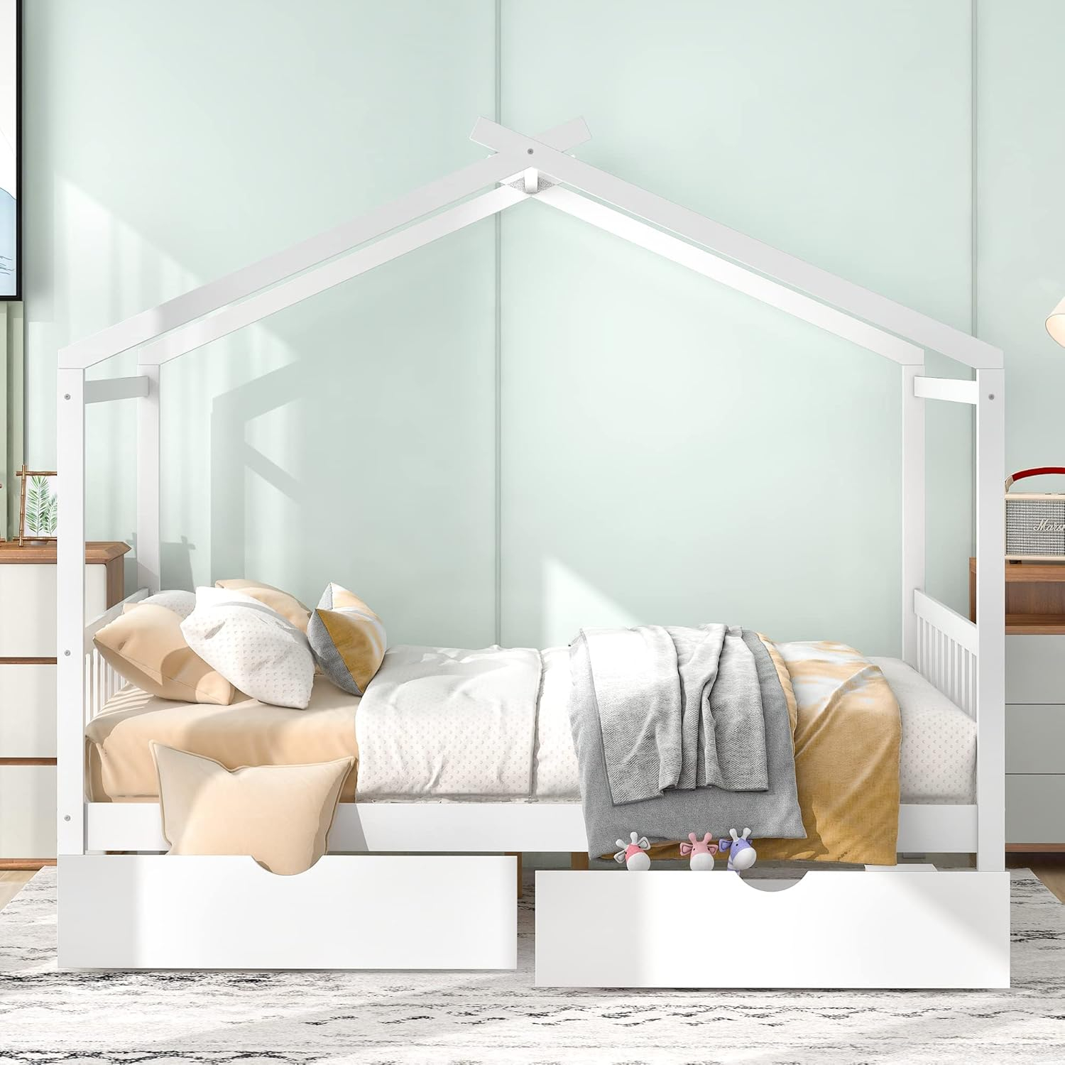 Kumix Platform Bed with Two Drawers, Wooden House Platform Bed Full Size with Headboard and Footboard, Roof Design for Kids Teens Boys and Girls, Noise-Free, No Box Spring Needed, White