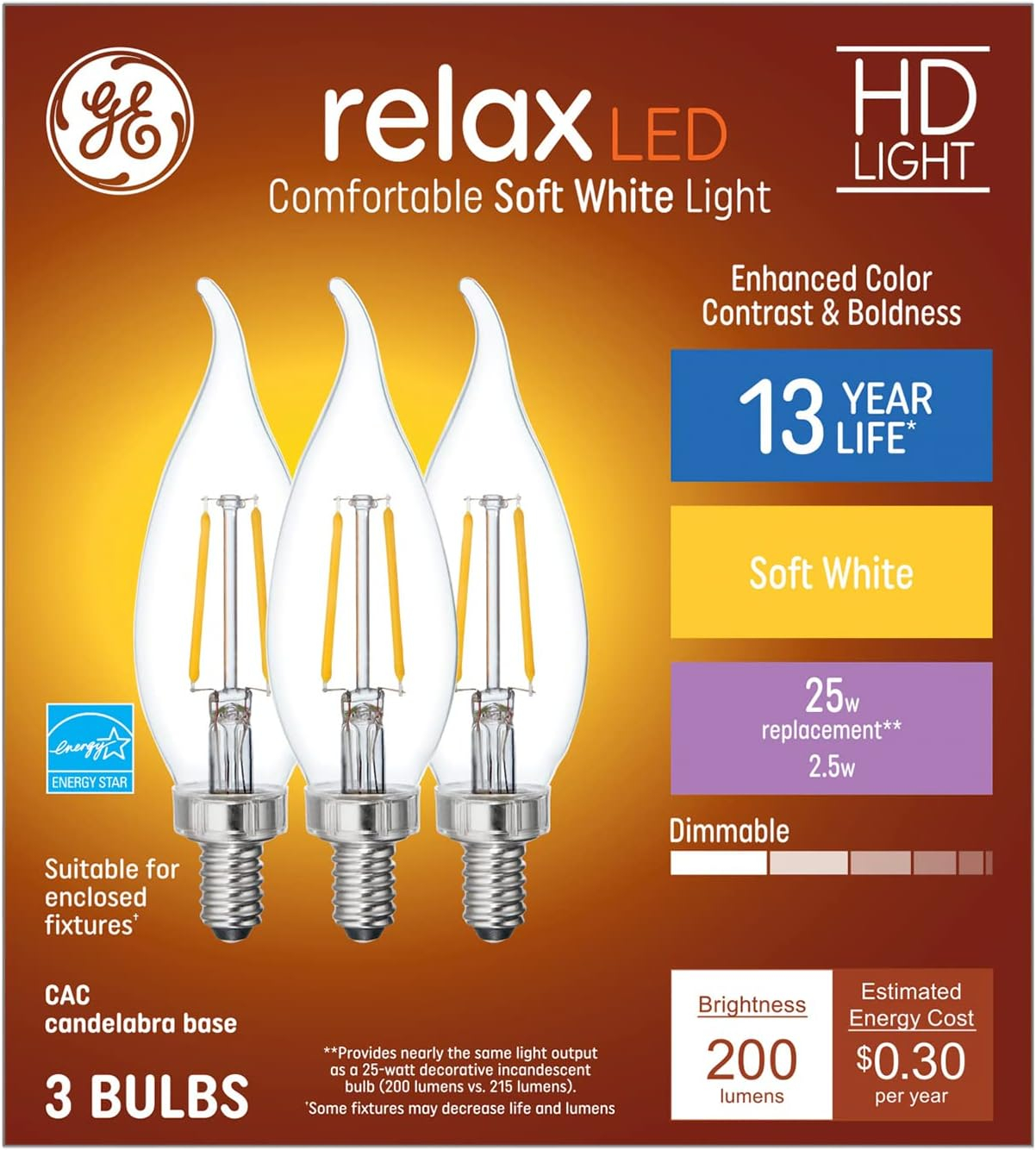 GE Relax HD 25 -Watt EQ CAC Soft white Candelabra base (E-12) Dimmable LED Decorative Light Bulb 3 -Pack