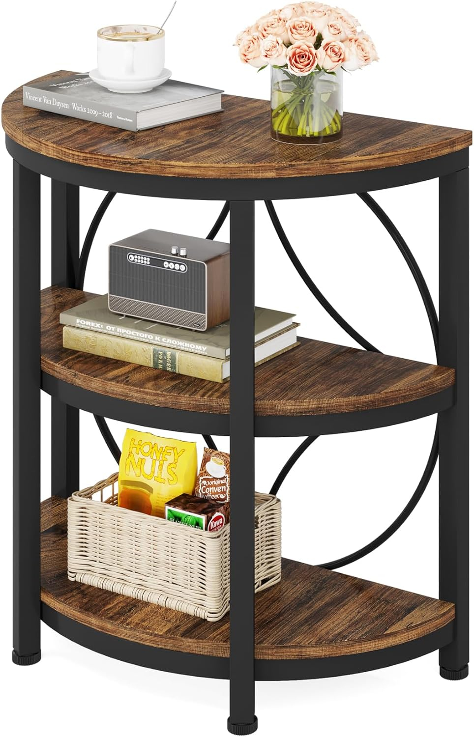 LITTLE TREE Half Round End Table, 3-Tier Narrow Side Table with Metal Frame, Half Circle Table, Half Moon Small Coffee Accent Table Bedside Table for Living Room, Bedroom