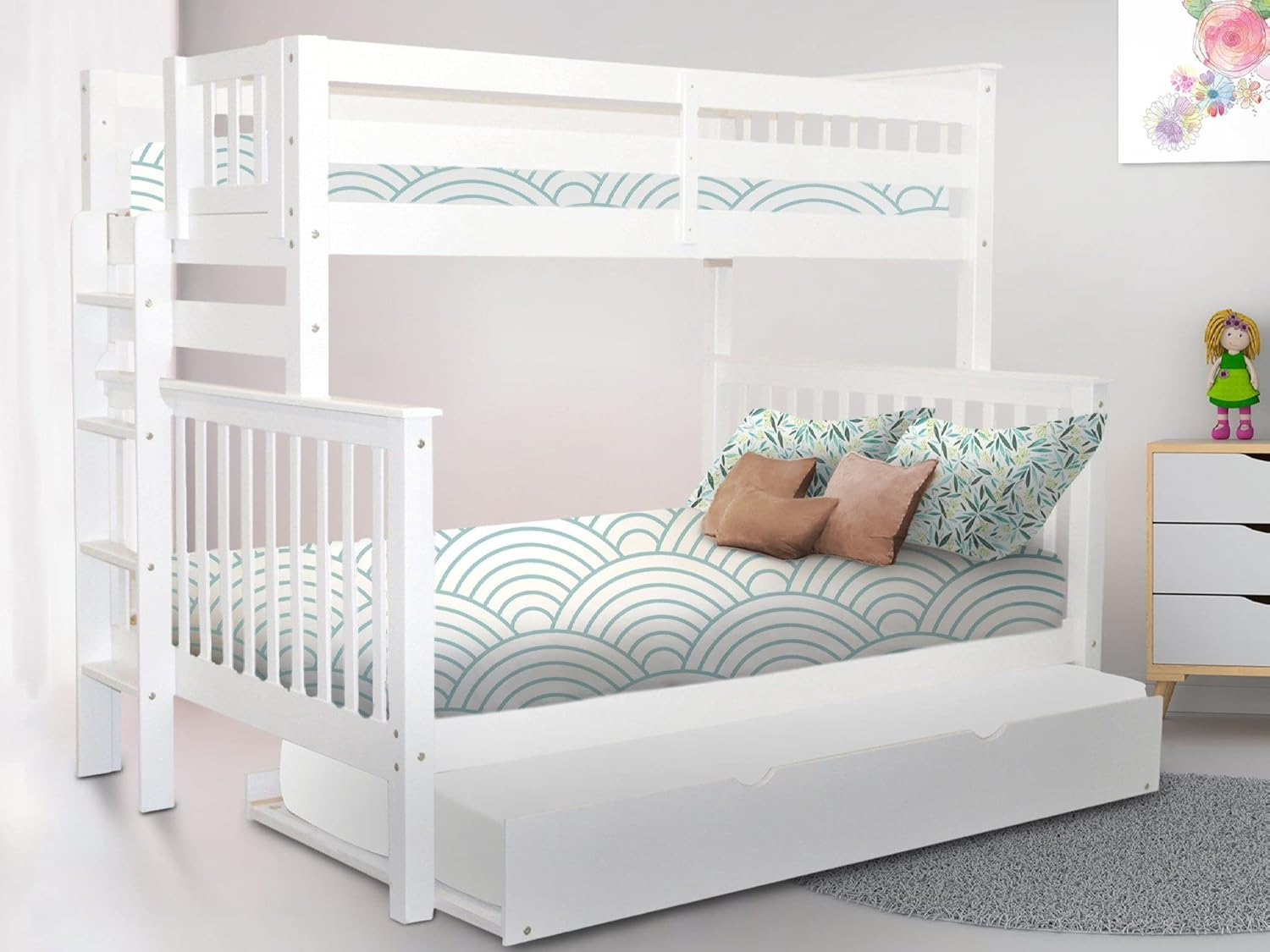 Bedz King Bunk Beds Twin over Full Mission Style with End Ladder and a Twin Trundle, White