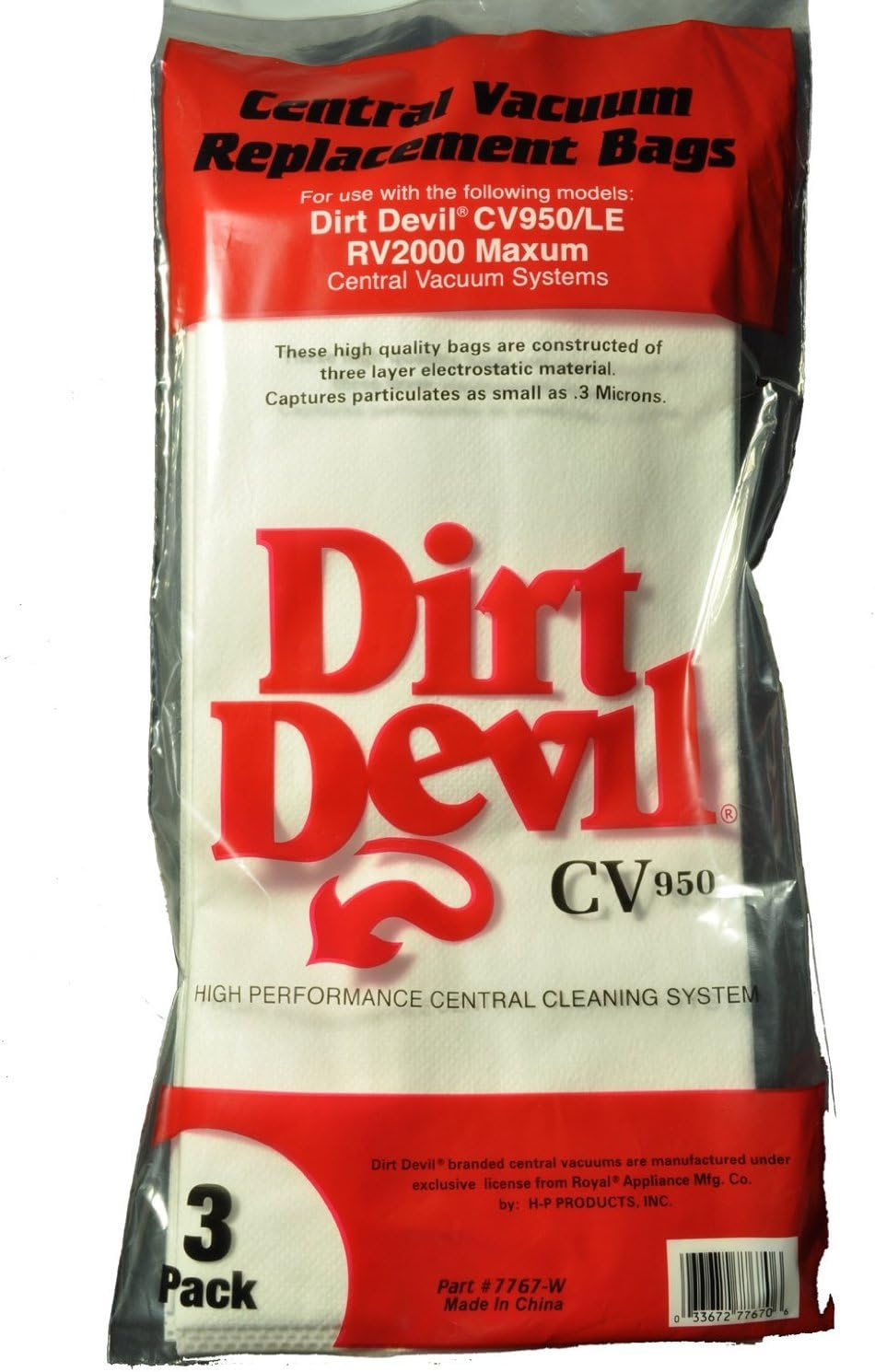 Dirt Devil Central Vacuum Cleaner HP, CV950,CV1500 Vacuum Bags 3 Pk Part # 7767-W, 9597