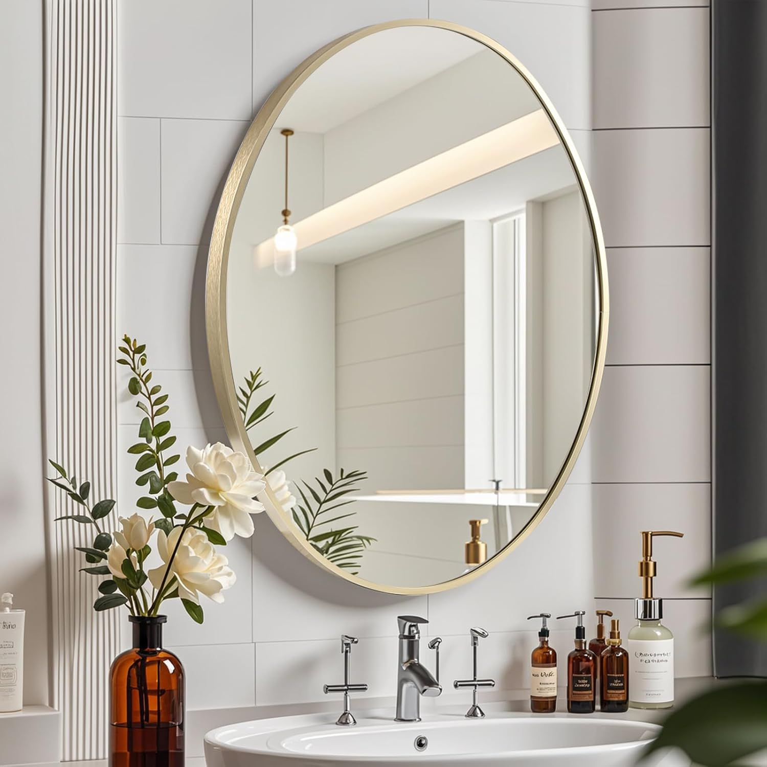 24x36 inch Oval Mirror, Brushed Gold Oval Wall Mirror, Metal Frame Pill Mirror, Gold Bathroom Mirrors for Over Sink, Entryway, Bedroom, Living Room(Horizontally or Vertically)