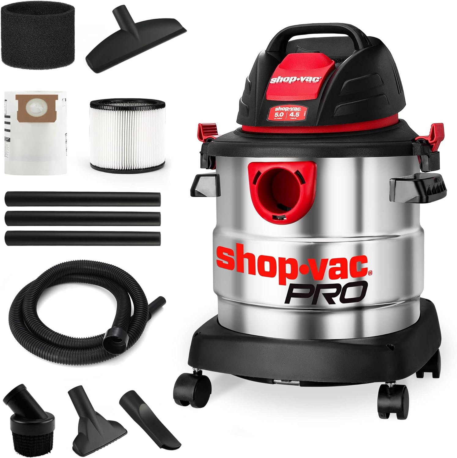 Shop-Vac 5989305 Wet/Dry Vacuum, 5 Gallon, 4.5 Peak HP Stainless Steel Vacuum, 1.25 Inch Diameter x 7 Foot Hose, 6 Ft Cord Length, Ideal for Jobsite, Garage, Car & Workshop