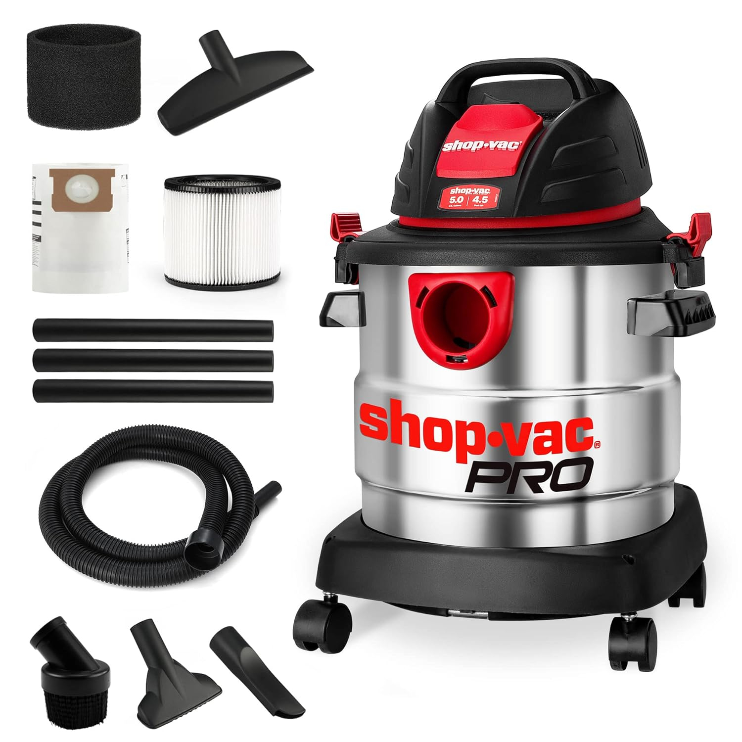 Shop-Vac 5989305 Wet/Dry Vacuum, 5 Gallon, 4.5 Peak HP Stainless Steel Vacuum, 1.25 Inch Diameter x 7 Foot Hose, 6 Ft Cord Length, Ideal for Jobsite, Garage, Car & Workshop