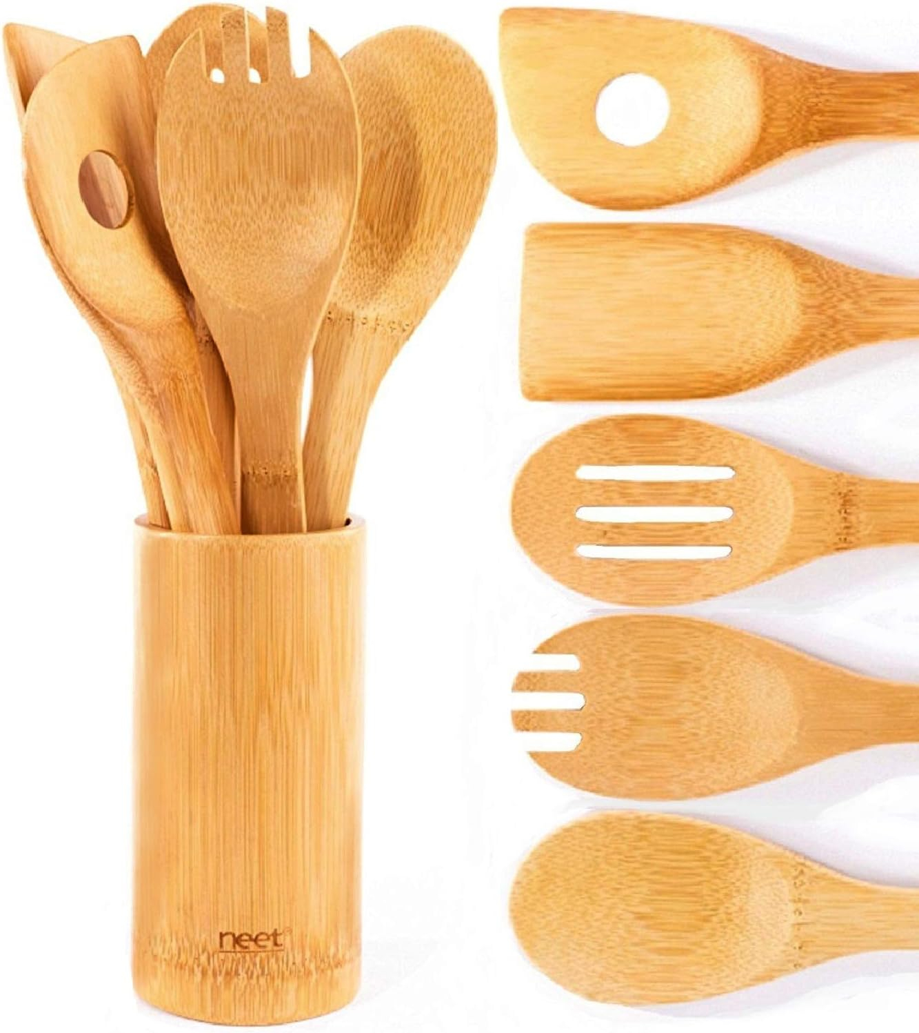 Wooden Spoons For Cooking 6 Piece Organic Bamboo Utensil Set With Holder Wood Kitchen Utensils Spatula Spoon For High Heat Stirring In Nonstick Pots & Pans