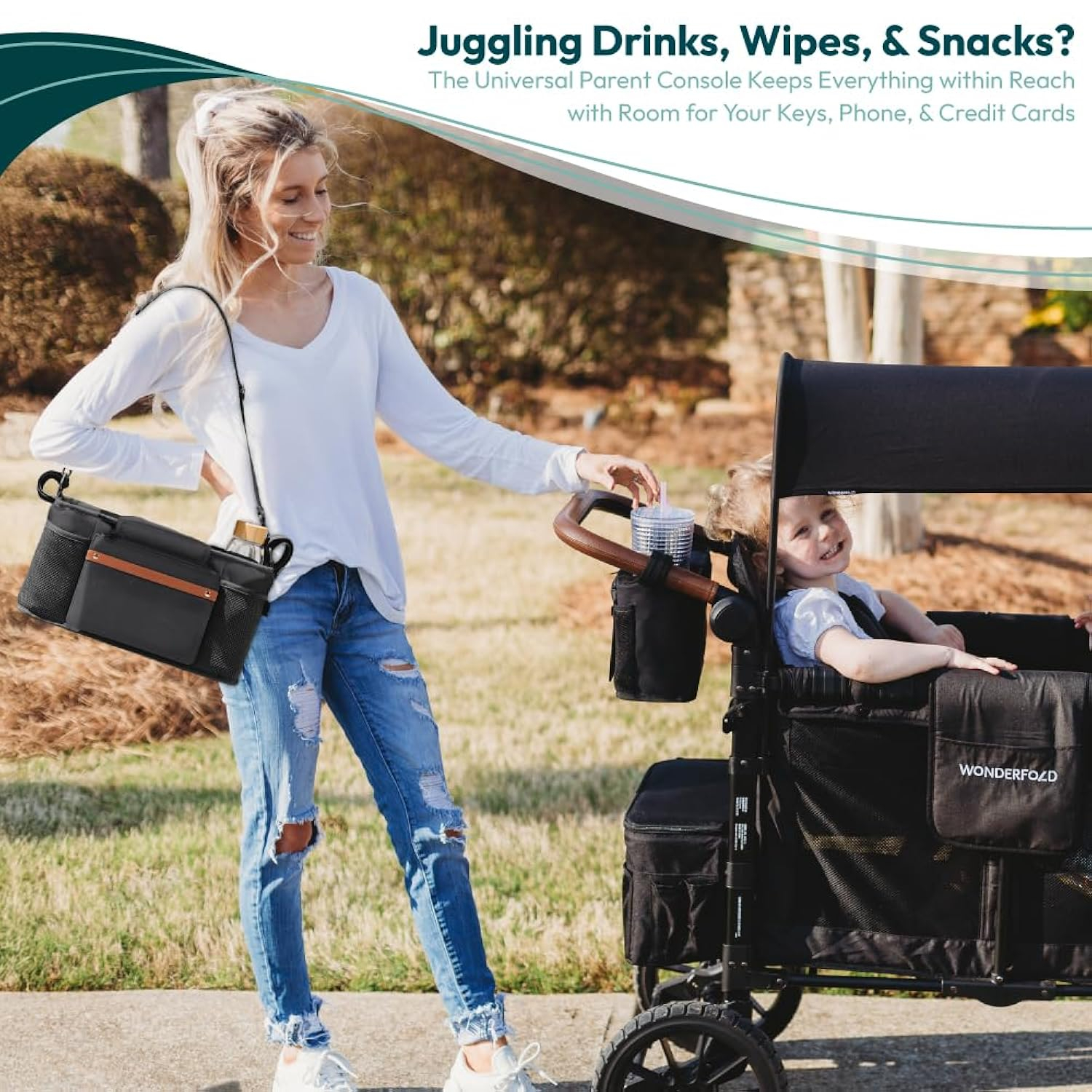 WONDERFOLD Universal Parent Console Stroller Organizer with Insulated Cup Holders, Hook & Loop Closure Handle Attachment, 2 Storage Pockets, Removable Shoulder Strap for Easy Transport