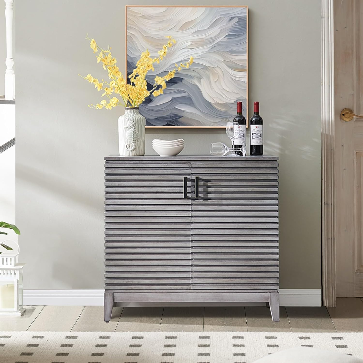 Morden Fort Wood Buffet Cabinet with Storage, 36" Sideboard Cabinet with Solid Wood Legs, Mid Century Modern Credenza with Adjustable Shelves for Dining Room, Living Room and Entryway