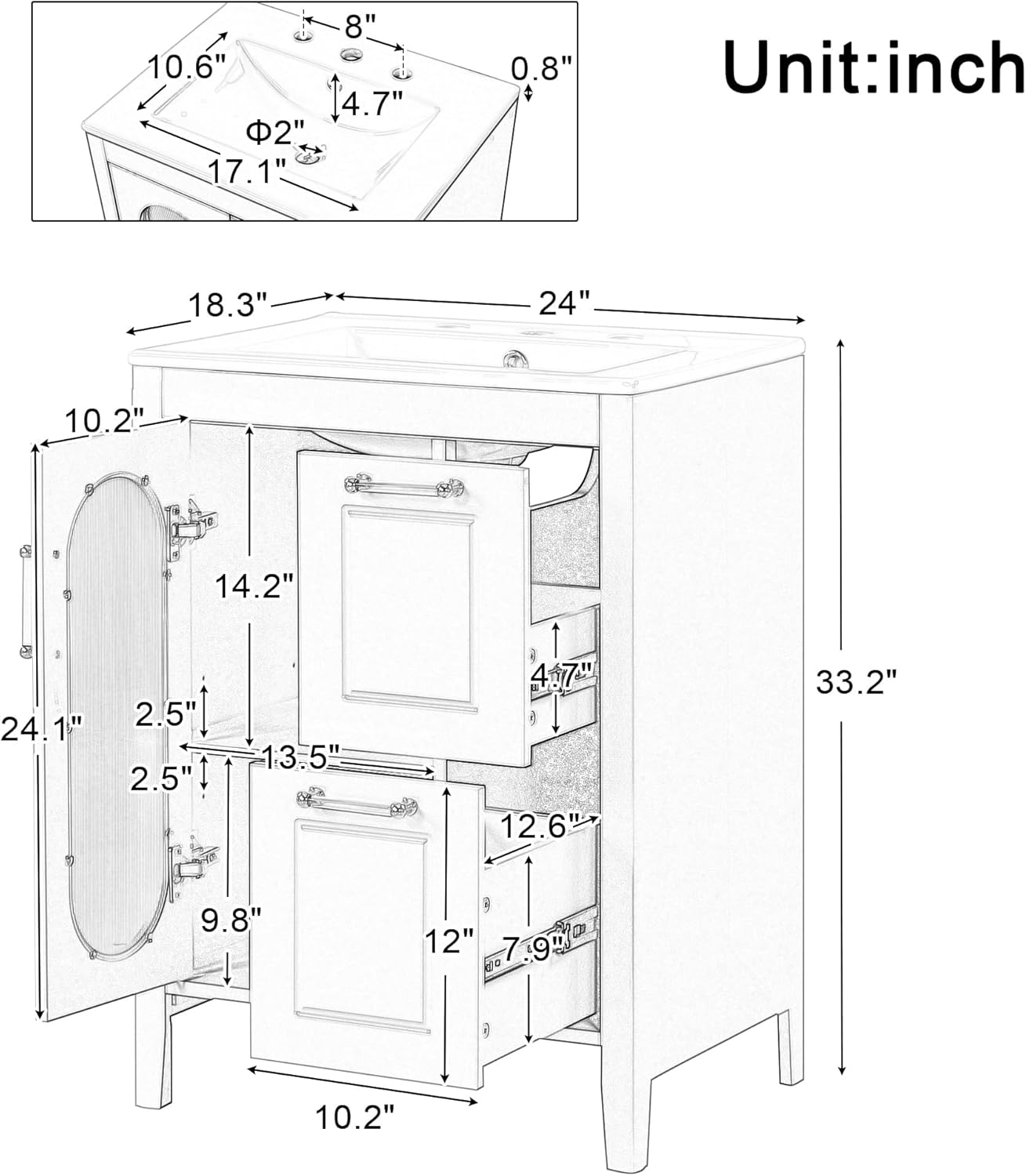 Tryimagine 24" Bathroom Vanity With Sink, Bathroom Vanity Cabinet With Two Drawers And Door, Adjustable Shelf, Solid Wood And MDF