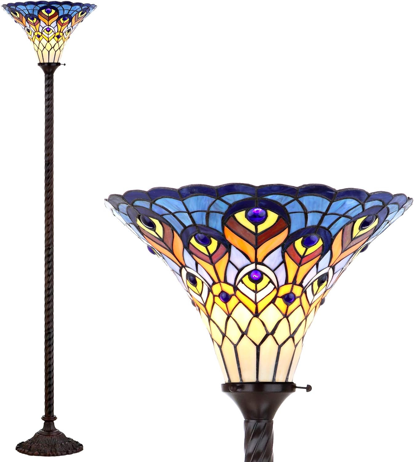 JONATHAN Y JYL8006A Peacock Tiffany-Style 70" Torchiere LED Floor Lamp, Traditional for living room, dinning room, bedroom, office Bulb Included, Bronze