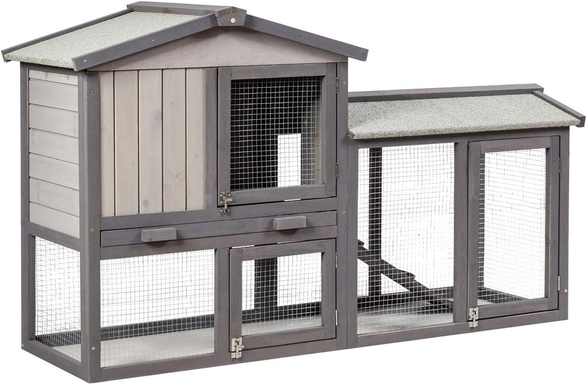 Gymax 58'' Wooden Rabbit Hutch Large Chicken Coop Weatherproof Indoor Outdoor Use Gray
