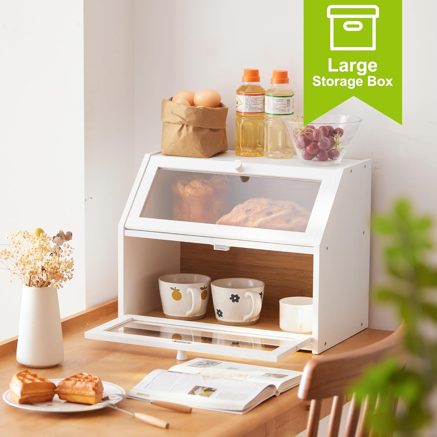 Farmhouse Bread Box for Kitchen Countertop Bread box Double Layer Bamboo Wooden Extra Large Capacity Bin Kitchen Food Storage Container(White)