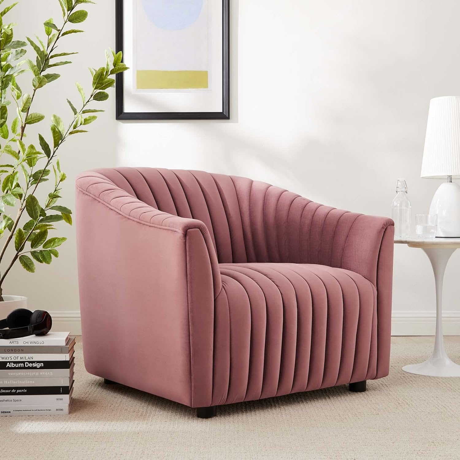 Modway Announce Modern Performance Velvet Tufted Armchair in Dusty Rose Pink