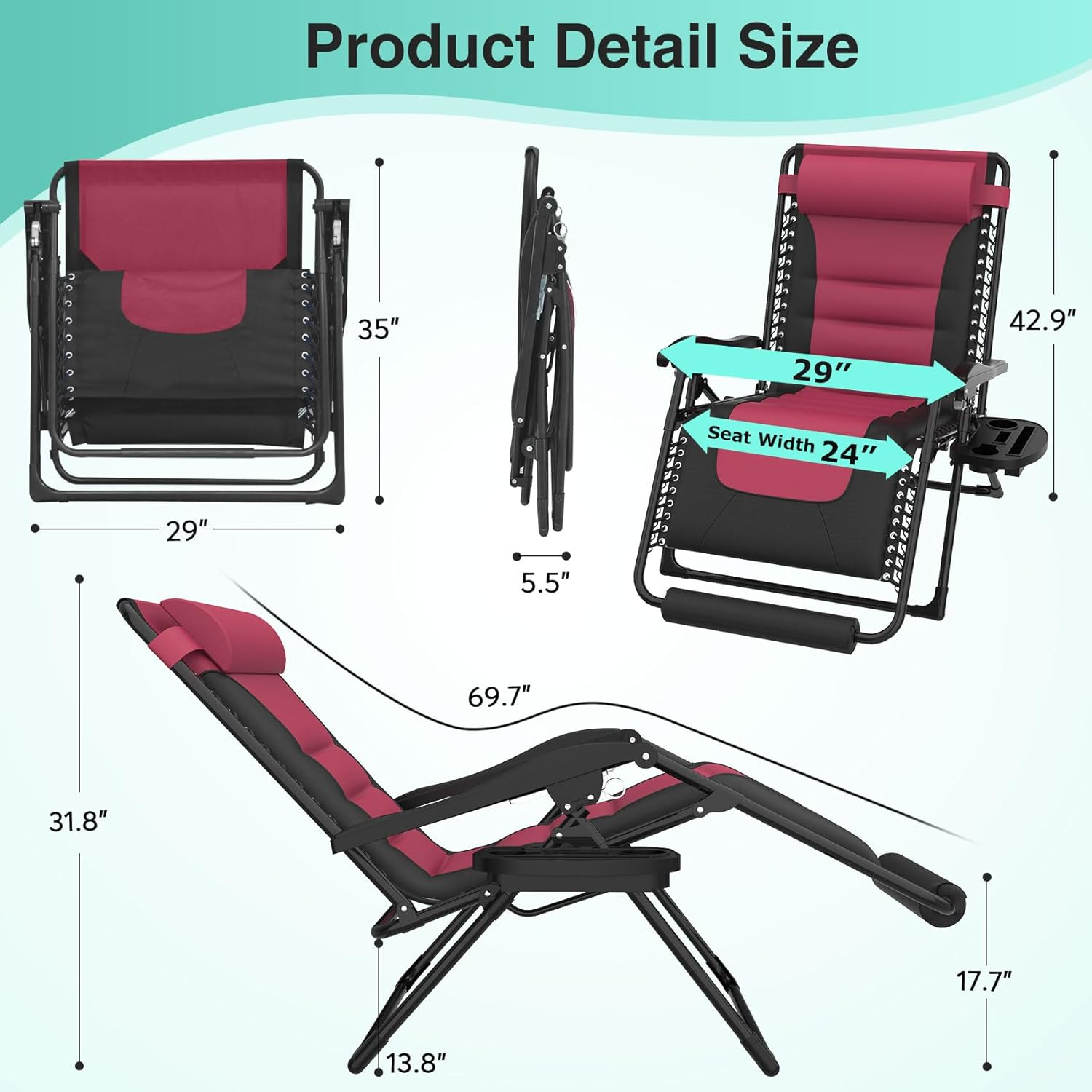 Suteck Oversized Zero Gravity Chair 29In XL Reclining Camping Chair w/Build-in Cushion, Outdoor Lounge Chairs Patio Recliner with Larger Cup Holder Footrest Padded Headrest, 330LBS, Claret&Black