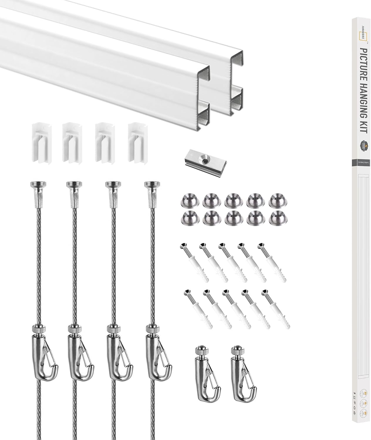 Picture Hanging System Click Rail Kits,in one Set Included Two of White Rails 59", Four of Steel Cables, six of Hooks, Four of end caps, and Installation Hardware