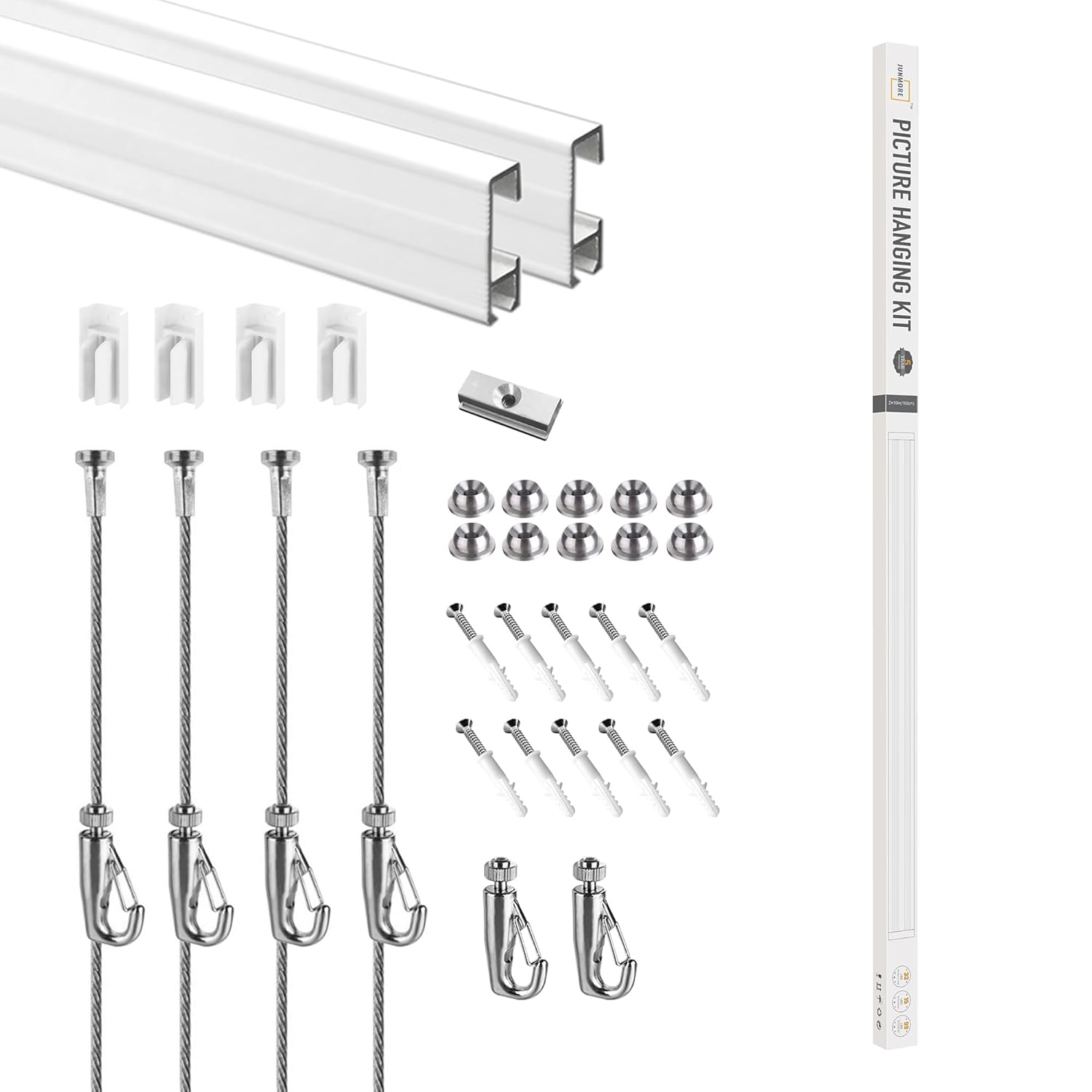 Picture Hanging System Click Rail Kits,in one Set Included Two of White Rails 59", Four of Steel Cables, six of Hooks, Four of end caps, and Installation Hardware