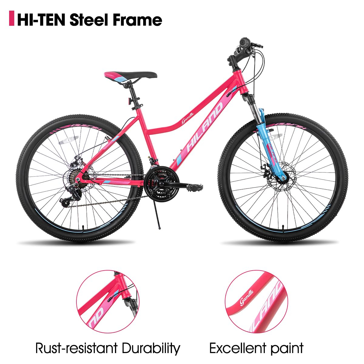 Hiland 26 Inch Womens Mountain Bike, with Step-Through Frame, 21 Speeds, Suspension Fork MTB, Bicycle for Women Men Adult