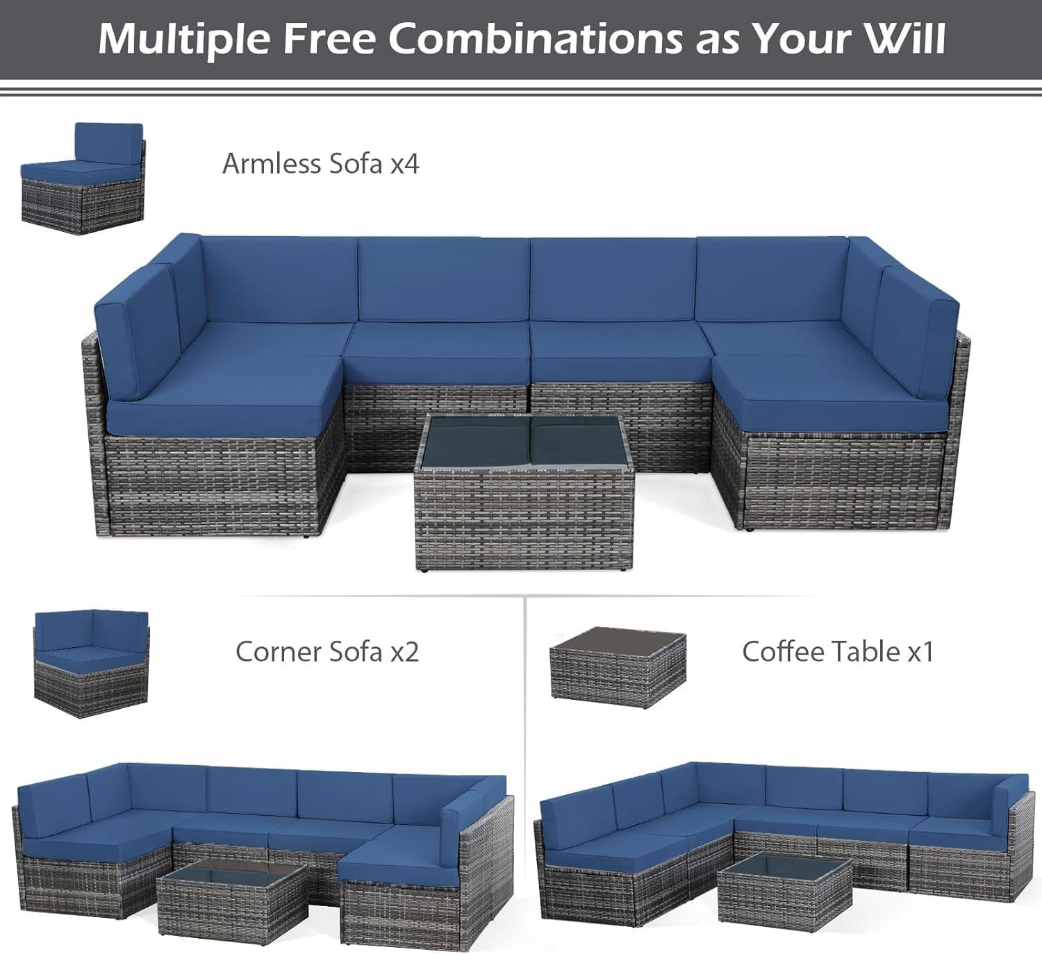 U-MAX 7 Piece Outdoor Patio Furniture Set, PE Rattan Outdoor Wicker Sectional Furniture Chair Set with Cushions and Tea Table, Grey Rattan and Navy Cushion