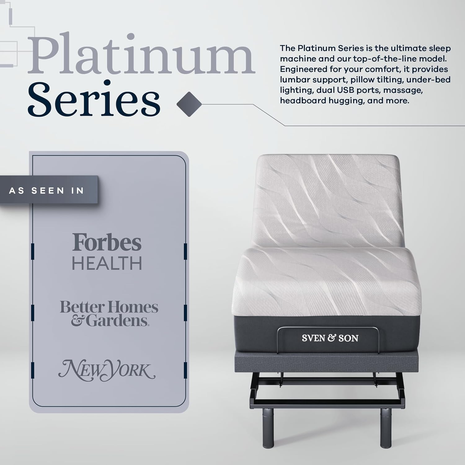 Sven & Son Platinum Adjustable Bed Base (Frame) + 10 in Memory Foam Matt (Firm), Lumbar Support, Head (Pillow) Tilt, Massage, USB - Twin XL