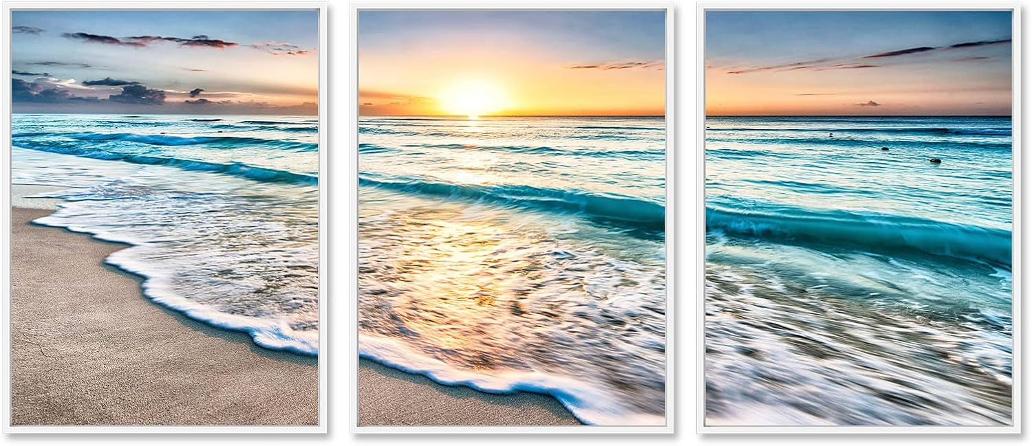 Asdg12s-3 Panel Wall Art Blue Sea Sunset White Beach Painting The Picture Print On Canvas Seascape The Pictures for Home Decor Decoration,Ready to Hang