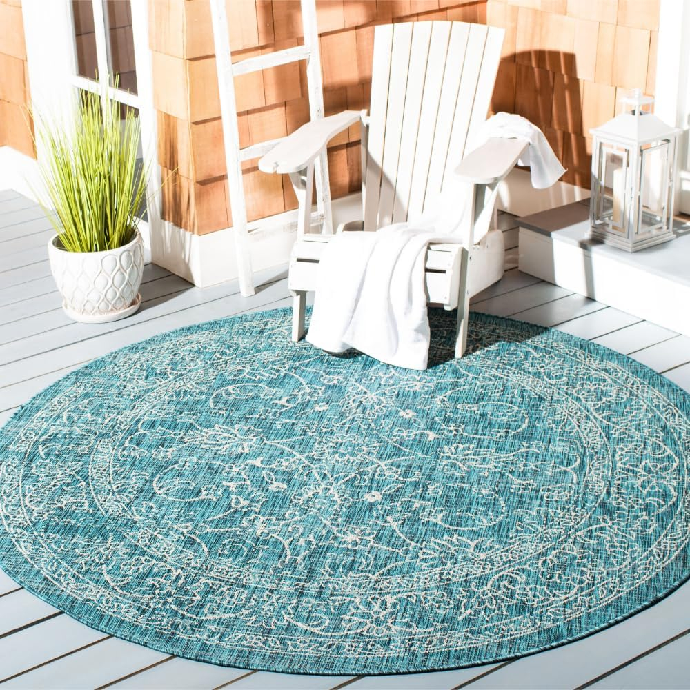 SAFAVIEH Courtyard Darin Botanical Indoor/Outdoor Area Rug, Turquoise, 6'7" x 6'7" Round