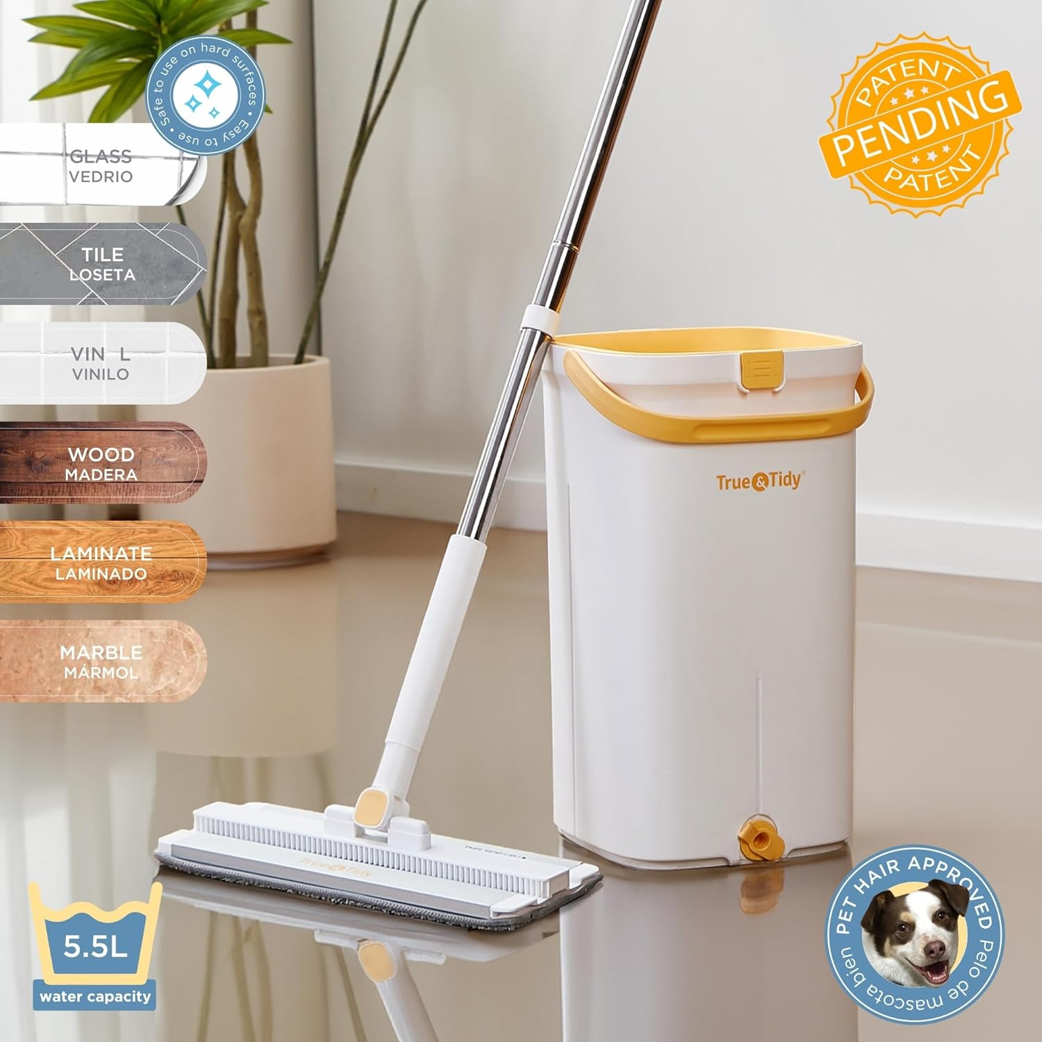 True & Tidy® TrueClean Mop & Bucket Spin Mop Pump System, Patent Pending 3 Compartments Separate Clean & Dirty Water, Hands-Free Self-Wringing Aluminum Head, Machine Washable Pads, in Gift Box