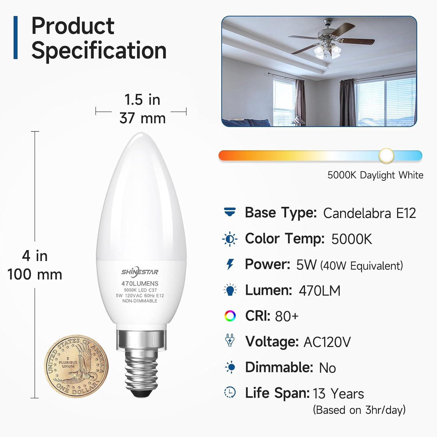 12 Pack A15 Ceiling Fan Light Bulbs 40W 5000K Daylight LED E12 Candelabra Small Base Light Bulbs, Non-Dimmable