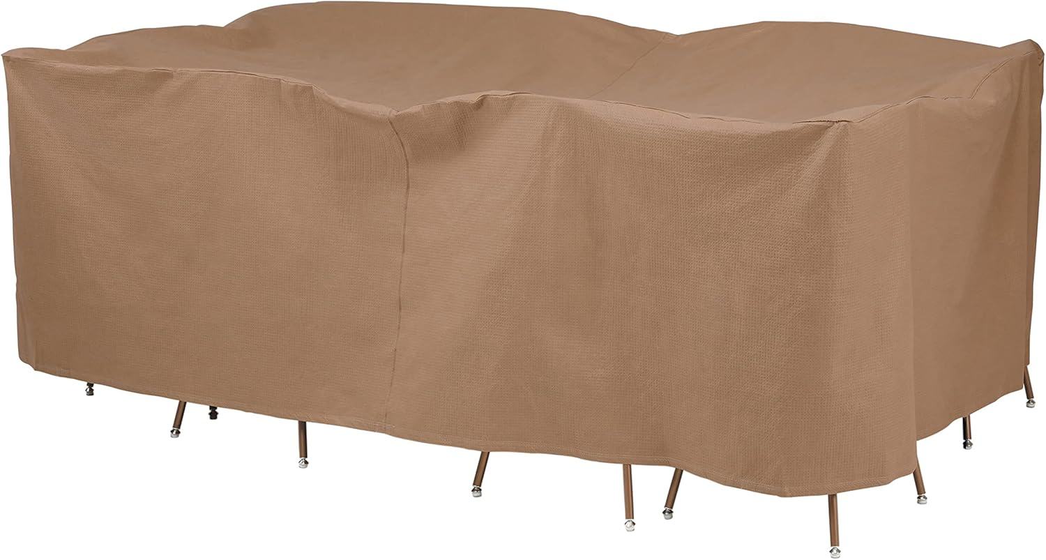 Duck Covers Essential Rectangular/Oval Table Cover & Chair Set Cover - Water Resistant Outdoor Furniture Cover, 109"L x 84"W x 32"H, Latte