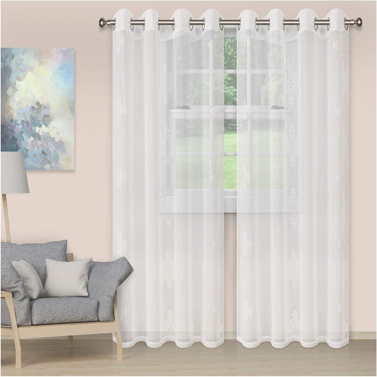 Superior Sia Damask Sheer Curtain Panel Set with Grommet Header , 52" x 96", White